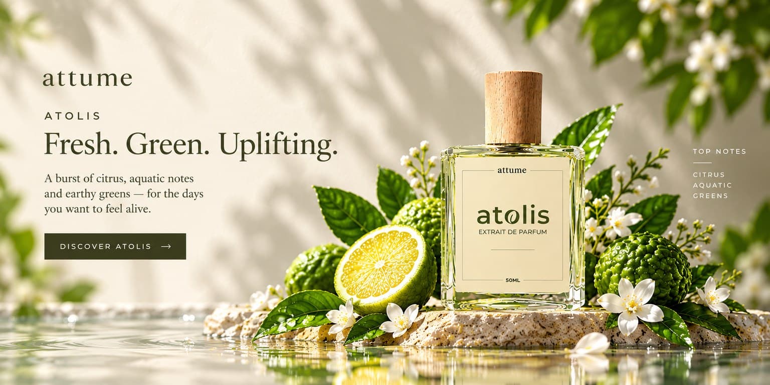 atolis — fresh, green, uplifting. A burst of citrus, aquatic notes and earthy greens, for the days you want to feel alive.