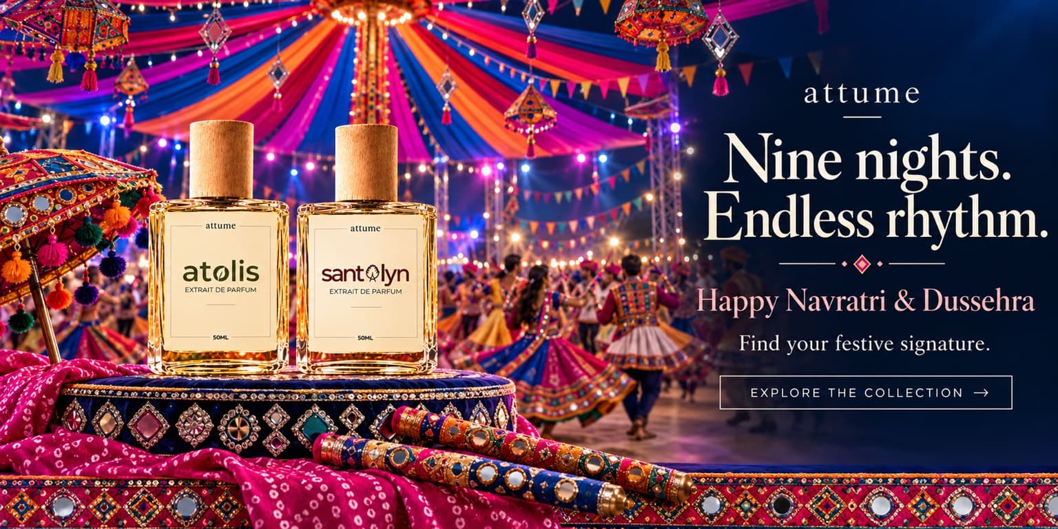 attume. Nine nights. Endless rhythm. Happy Navratri and Dussehra — find your festive signature. atolis and Santalyn before a garba night of lights and dancers.