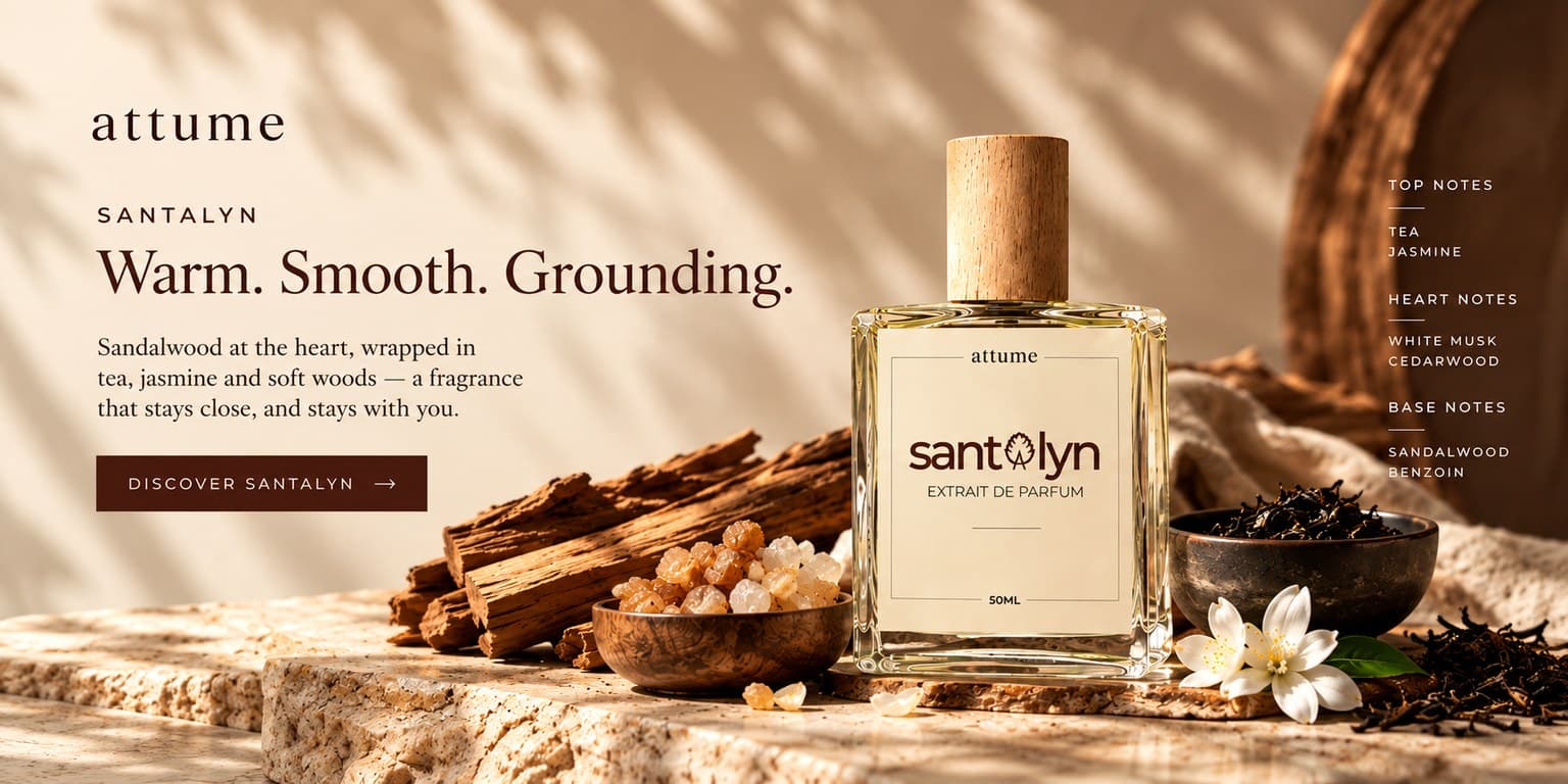 Santalyn — warm, smooth, grounding. Sandalwood at the heart, wrapped in tea, jasmine and soft woods.
