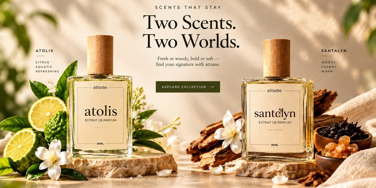 atolis and Santalyn bottles side by side. Scents that stay — Two Scents. Two Worlds. Fresh or woody, bold or soft: find your signature with attume.